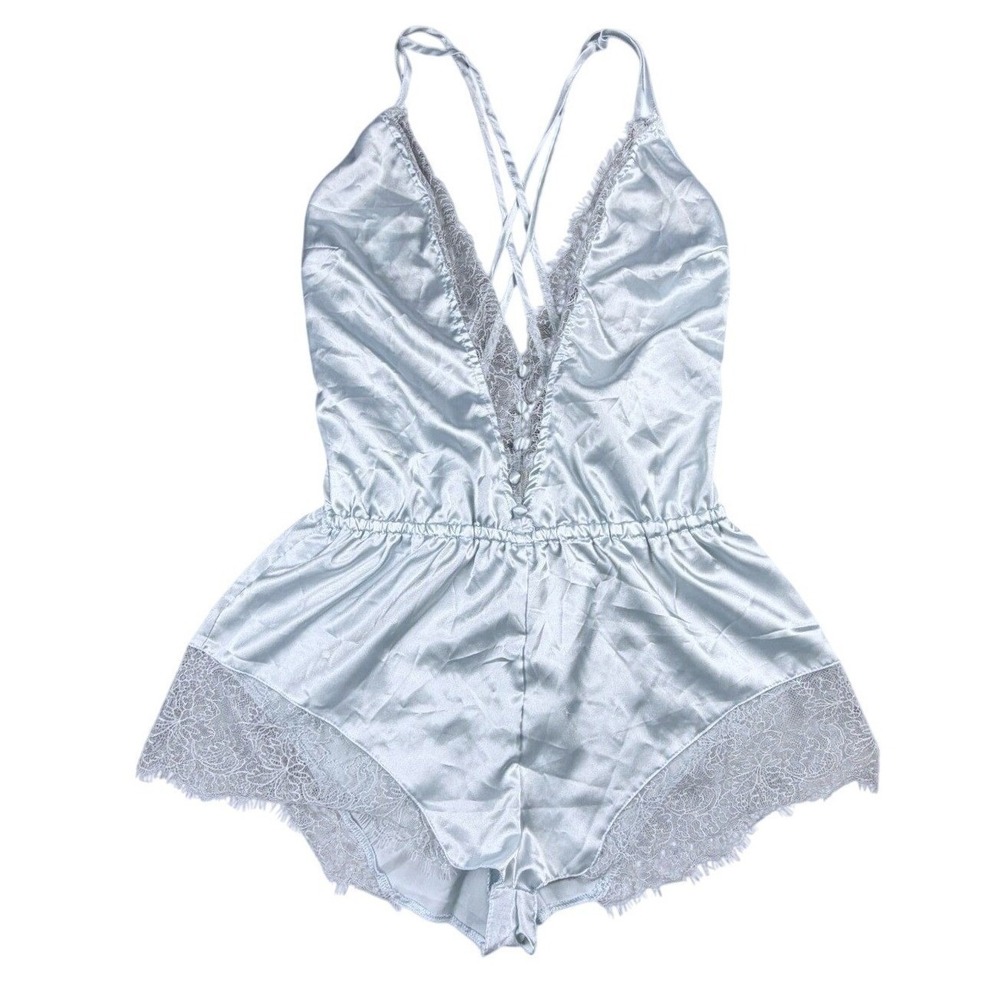 NWT Icy Blue Womens M Satin Lace Lingerie Romper Teddy Bridal Honeymoon Coquette